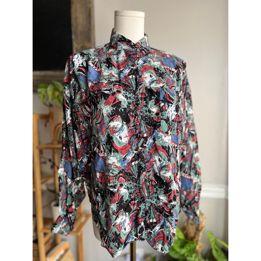 Vintage 80s Abstract Button Down Art to Wear Sage Salmon Blue Shirt Size Small